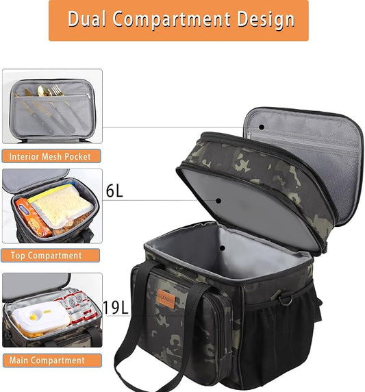 GLENKEY Expandable Lunch Box Cooler Bag - Insulated Soft Lunch Bag for Men Women - Large Lunchbox for Adults Work Camping Outdoor Travel Black Camo 22L