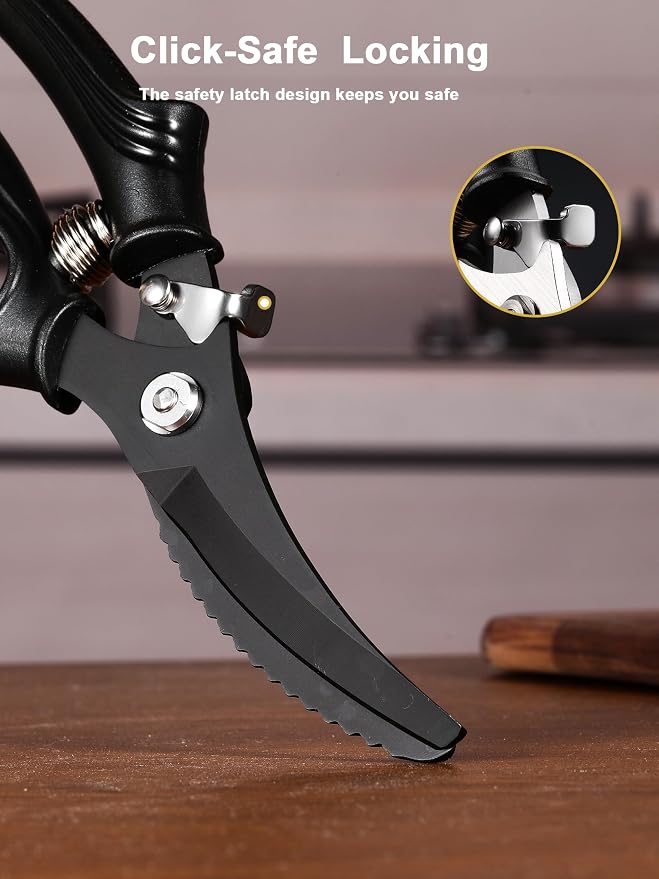 Poultry Shears, Kitchen Shears with Spring Loaded, Heavy Duty Poultry Scissors for Meat, Chicken,Turkey, Anti-Slip Handle,Safety Lock,Dishwasher Safe(Black)