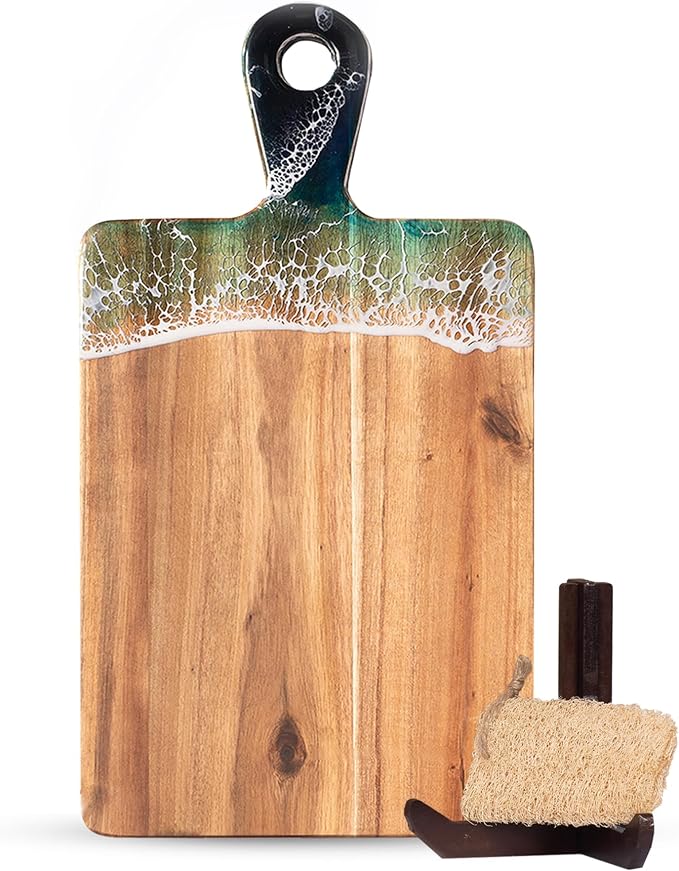 Acacia Wood Serving Board with Handle, 18.1" x 9.8", Dual-Sided Resin Art Tray for Display & Prep, Handcrafted Cutting Board, Includes Stand & Loofah, Christmas Housewarming Gift (Rectangular)