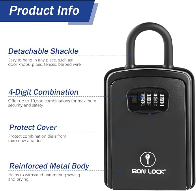 Iron Lock® XXL Portable Key Lock Box, U-Shackle 4-Digit Code (XXL, Black) | Holds 20-30 keys plus fobs, cards & remotes; unique built-in tray; weather resistant; wall-mount hardware included