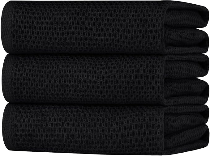 Homaxy 100% Cotton Oversized Waffle Weave Kitchen Towels, 3-Pack, Black | 20 x 28 Inches, Ultra Soft Absorbent Dish Towels, Quick Drying Large Cleaning Towels