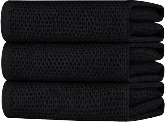 Homaxy 100% Cotton Oversized Waffle Weave Kitchen Towels, 3-Pack, Black | 20 x 28 Inches, Ultra Soft Absorbent Dish Towels, Quick Drying Large Cleaning Towels