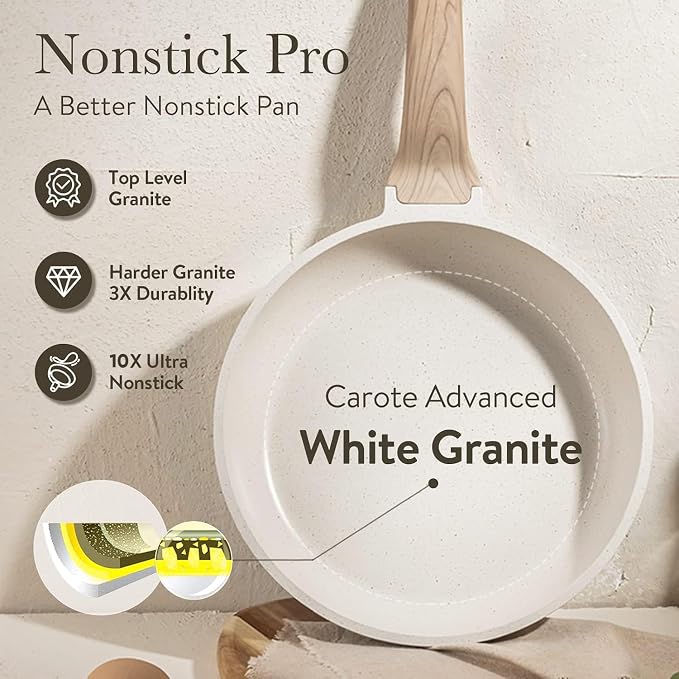 CAROTE Non Stick Frying Pan, 12 Inch Cream White Skillet with Glass Lid | Non Toxic Kitchen Healthy Cookware, Compatible with All Stovetop, Easy to Clean, PFOA Free