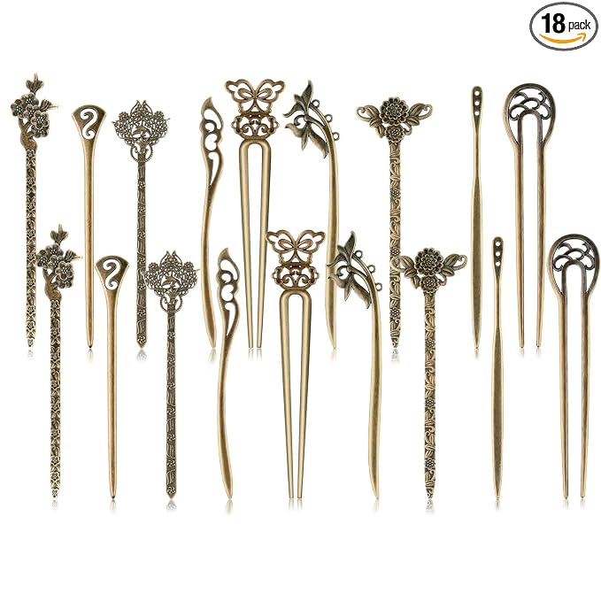 TUPARKA 18 PCS Hair Sticks Vintage Hair Pins Chinese Women Hair Chopsticks Pins Retro Vintage Decorative for Hair Accessory（9 Design） (bronze)