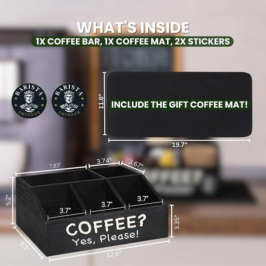 Modern Chic Coffee Bar Organizer + Coffee Mat - Countertop Coffee Station with Removable Drawers - Black