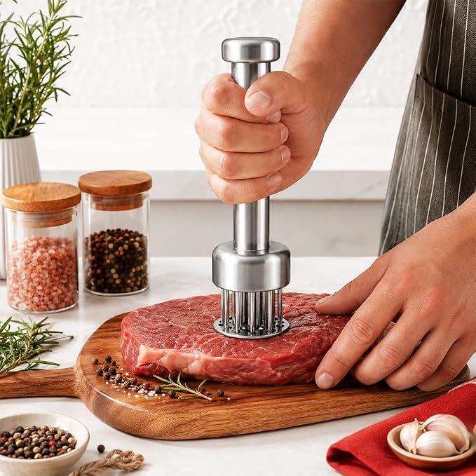Stainless Steel Meat Tenderizer Tool with 21 Sharp Needles – Blade Tenderizer for Chicken, Beef, Steak – Heavy Duty Meat Pounder Hammer, Easy Grip Kitchen Gadget for Cooking & Chef Tools