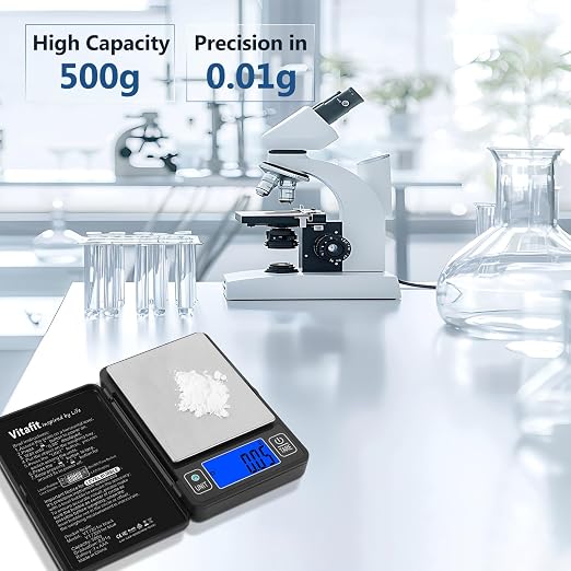 Vitafit 500g Digital Gram Scale in 0.01g, High Accuracy Assured by Built-in Level Bubble, Scale Professional Since 2001, Pocket Scale for Multi-Function: Kitchen, Food, Jewelry, Lab, Coffee, Black