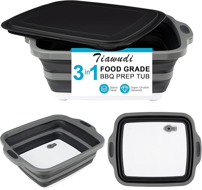 Collapsible Cutting Board with Container, Foldable Camping Sink with Colander, BBQ Prep Tub with Lid, Multifunction Dish Basin for Kitchen, Bowl, Vegetable and Fruit, 2.11 Gal/8L Storage Basket