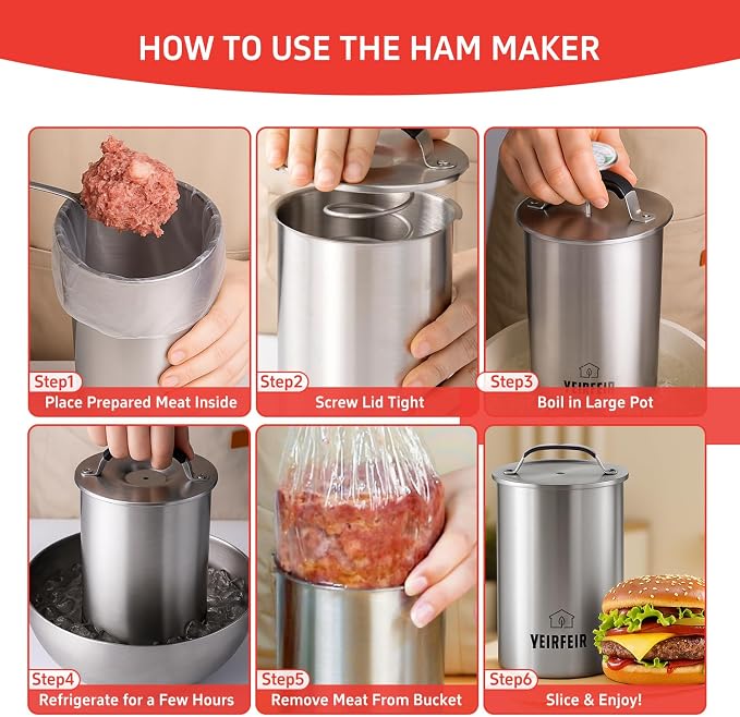 Ham Press with Large Dial Thermometer, 304 Stainless Steel Deli Meat Maker with Cool-Touch Handle for Homemade Healthy Lunch Meat, Includes 20 Cooking Bags & Recipes - YEIRFEIR