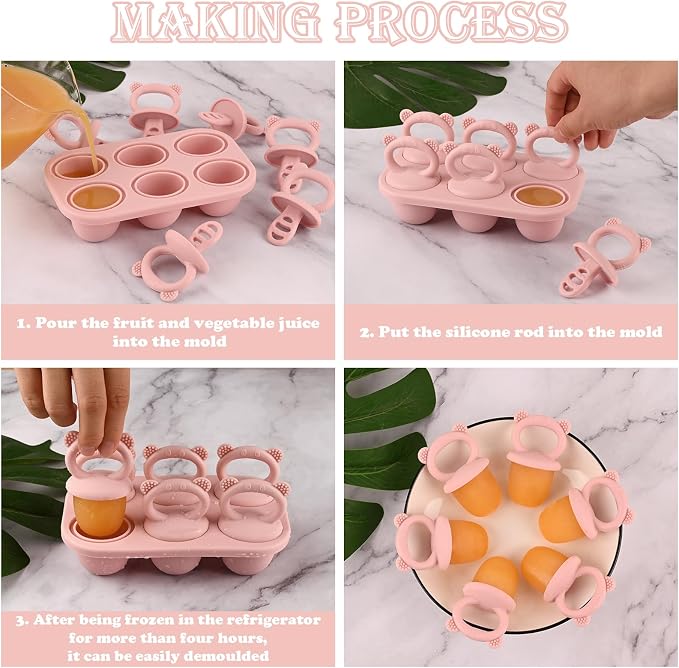 BokingOne Silicone Popsicle Molds, 6-Cavity Breastmilk Ice Pop Molds, Mini Frozen Pop Tray Molds for Baby Teething Relief Toddler Feeding Matte Pink