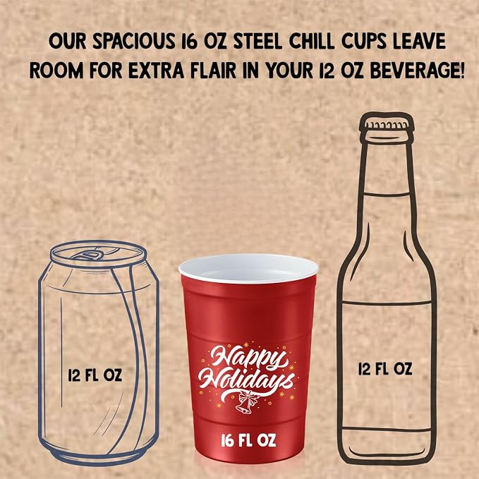 Steel Chill Cups 16 oz. Reusable Party Cups, Happy Holidays, 12 Count | Made in USA from Steel these durable cups chill fast & keep your drink cold for longer, 100% recyclable for sustainablity