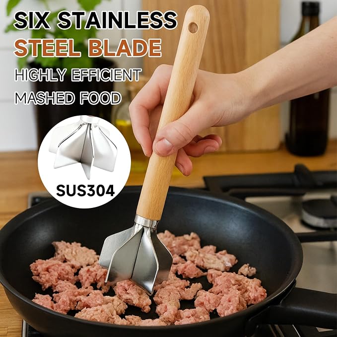 Stainless Steel Meat Masher, Meat Chopper, 11 Inch with Cleaning Brush | Ground Beef Chopper Tool, Hamburger Smasher Tool for Hamburger Meat, Ground Beef, Turkey, or Potatoes
