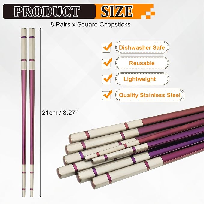 uxcell 8 Pairs Stainless Steel Chopsticks, 21cm / 8.27 Inch Metal Chop Sticks Square Lightweight Chopsticks Tableware Accessories Bulk for Home Kitchen Hot Pot Cooking, Purple