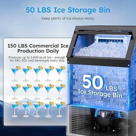 Commercial Ice Maker Machine - 150 Lbs/24H, Commercial Ice Machine with 50 LBS Storage Bin, Under Counter or Freestanding Ice Maker, 45 Ice Cubes in 5-15 min, Thicknesses Adjustable, Stainless Steel