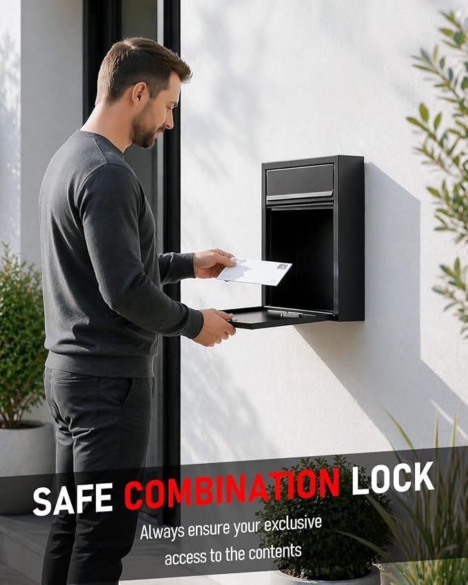 Uniclife Wall Mount Mailbox for Outside, Large Locking Mailbox, Black | Security Mail Box with Combination Lock, Safe Key Drop Box, Post Box, Steel Cash Drop Box for Home Office School