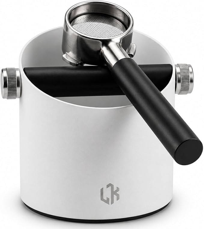 Espresso Knock Box White – Coffee Knock Box Stainless Steel, 23-Puck Large Capacity Coffee Puck Knock Box with Non-Slip Base & Quiet Bar for Espresso Machine