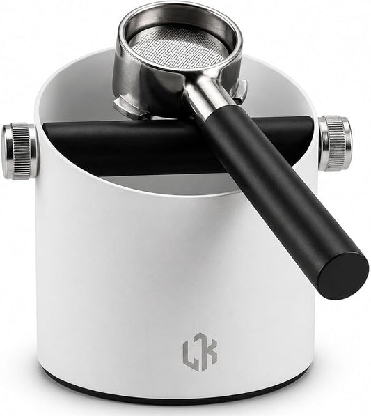 Espresso Knock Box White – Coffee Knock Box Stainless Steel, 23-Puck Large Capacity Coffee Puck Knock Box with Non-Slip Base & Quiet Bar for Espresso Machine