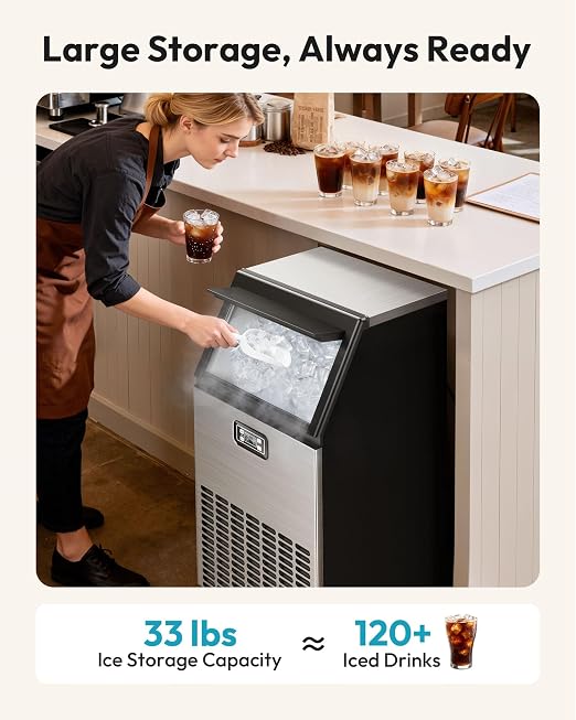 EUHOMY Commercial Ice Maker Machine - 100lbs Daily Production, 33lbs Ice Storage, Stainless Steel Freestanding & Under Counter Ice Maker, Ideal Ice Maker for Home/Bar/Restaurant/Outdoor Activities