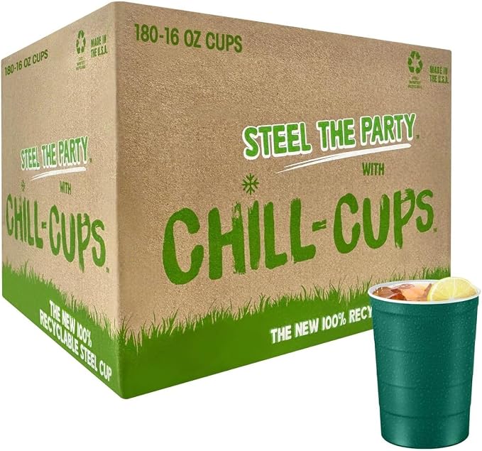 Steel Chill Cups 16 oz. Durable & Reusable Party Cups, Green, 180 Count | Made in USA from Steel these durable cups chill fast & keep your drink cold for longer, 100% recyclable for sustainablity