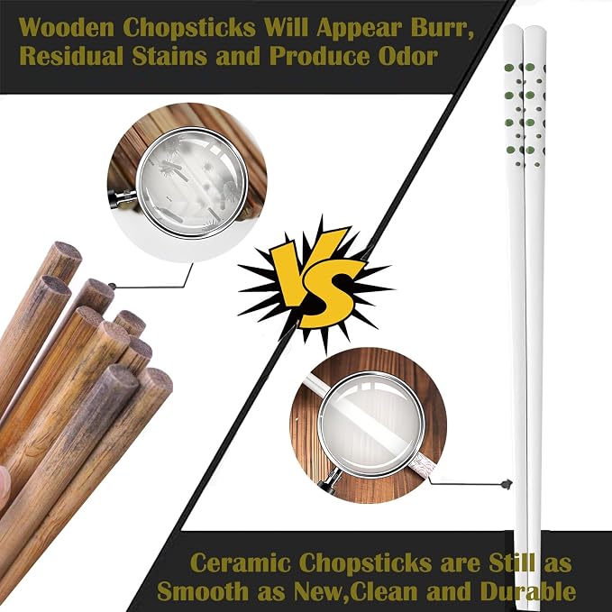 Ceramic Chopsticks Reusable 5 Pairs,Porcelain Chop Sticks,Green,9.7'' | Easy to Clean,Dishwasher Safe,Heat Resistant,with a Gift case,Cooking Chopsticks,High-grade Bone China Porcelain