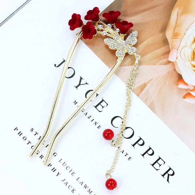 Lawie 10 Pack Cute Flower Butterfly U Shaped Gold Metal Hair Fork Pins Curved Chopsticks for Hair Sticks with Dangles French Hair Pins Bun Holder Decorative Hair Accessories for Women Girls (Red)