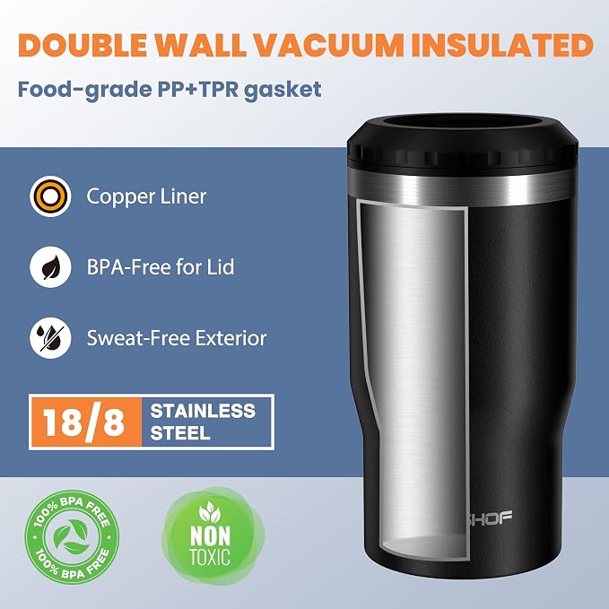 HAUSHOF 4-in-1 Insulated Can Cooler Fits 12oz Cans & Beer Bottle, Black | Double-Wall Vacuum Insulated, 18/8 Stainless Steel, BPA-Free Lid, Slim Can Cooler for Camping, Beach & Picnic