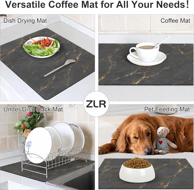 ZLR XXL Coffee Bar Mat for Barista Workstation, 20"x24", Marble Gray | Pro Home Cafe Station, Absorbent Dish Drying Mat, Stain-Hiding Top, Fits Multi-Appliance, Cup Display & Knock Box