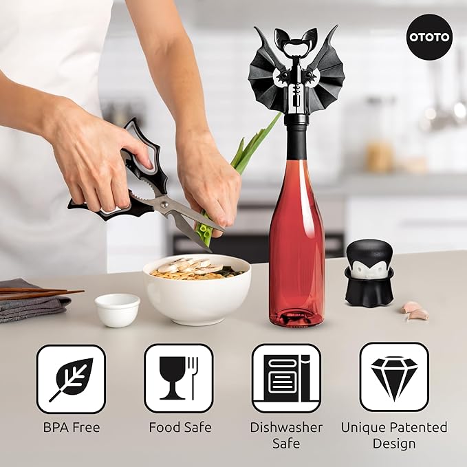 OTOTO Boo-tiful Crew Bundle of Elizabat, Vino, Gracula - Halloween Kitchen Decor Goth Accessories, Cool Kitchen Gadgets, Bat Scissors, Spooky, Witchy Bottle Opener, Garlic Crusher, Spooky Funny Gifts
