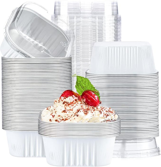 EUSOAR Disposable Ramekins with Lids, 10oz 100pcs Aluminum Foil Baking Cups, Creme Brulee Cups, Muffin Cups for Baking, Square Cupcake Pans, Mini Cake loaf Bread Containers