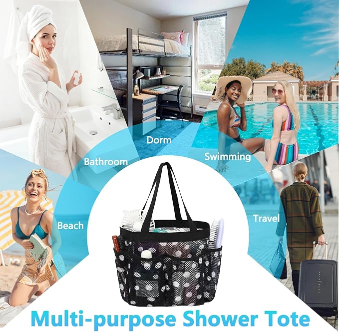 Fammart Mesh Shower Caddy Portable for College Dorm Room Essentials, Odorless Polyester Large Shower Tote Bag with Dual Handles, 8-Pocket Quick-Dry Toiletry Organizer for Travel, Beach, Camping, Gym