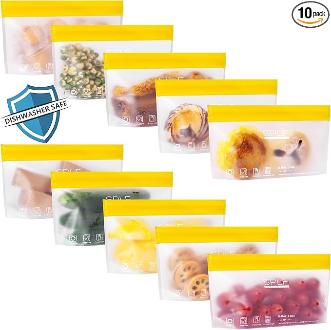SPLF 10 Pack Stand-Up Reusable Snack Bags Dishwasher Safe | BPA Free Food Storage Bags, Extra Thick Leakproof Freezer Bags Silicone Snack Pouch For Candy, Fruits, Cereal, Travel Item
