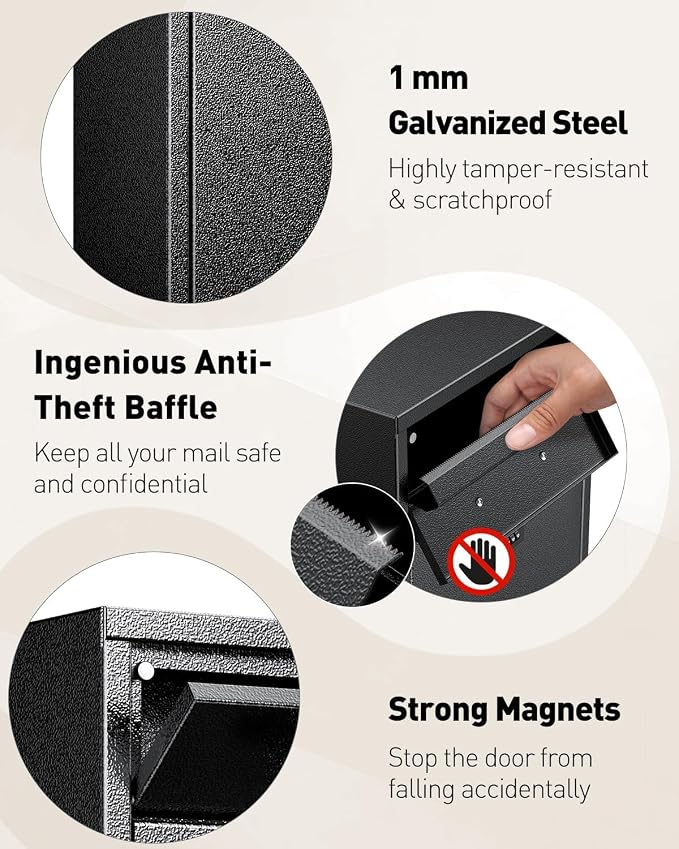 Uniclife Wall Mount Mailbox for Outside, Heavy Duty Locking Mailbox, Black | Anti-Theft Function, Large Mailbox with Combination Lock, Safe Key Drop Box, Steel Cash Drop Box for Home Office