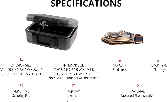 SentrySafe Fireproof Safe with Key Lock, Chest Lock Box for Home or Travel Secures Money, Documents, 0.18 Cubic Feet, 6.1 x 14.3 x 11.2 Inches, 1210 | Fire Resistant Chest Safe With Key Lock, Portable Compact Design Protects Money, Documents, Jewelry F...