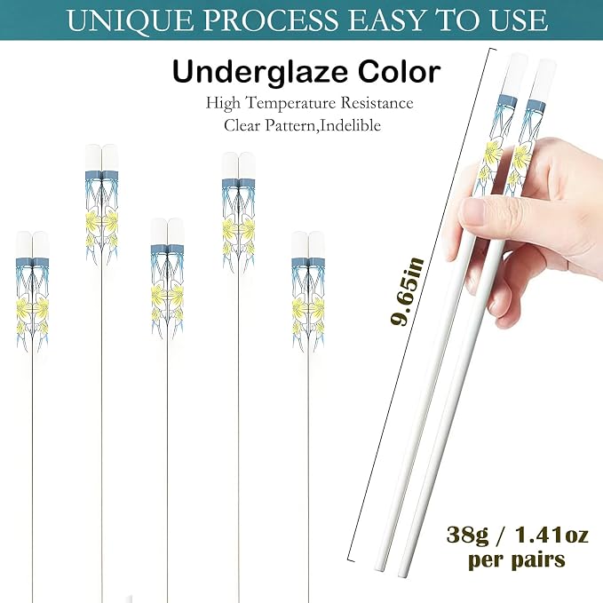 Ceramic Chopsticks Reusable 5 Pairs,Porcelain Chop Sticks,Daffodil,9.7'' | Easy to Clean,Dishwasher Safe,Heat Resistant,with a Gift case,Cooking Chopsticks,High-grade Bone China Porcelain