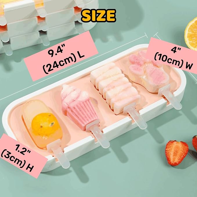 Cartoon Shape Popsicles Molds 3Pcs Cute Ice Cream Mold Maker Easy-Release Homemade Ice Pop Tray Silicone with Lid & Stick (Fruit+Fruit+Fruit)…