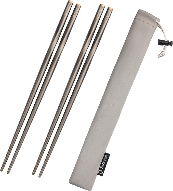 Thous Winds Titanium Chopsticks, 2 Pairs Ultralight Chopsticks, Reusable Utensils for Camping Backpacking Hiking Travel Home, 9-inch, with Storage Bag