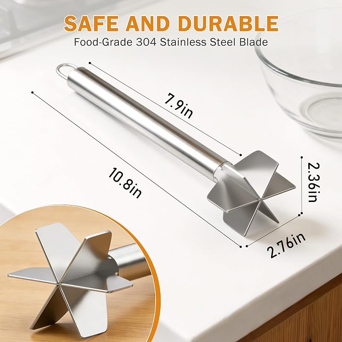 Meat Masher, Stainless Steel Ground Beef Masher 10.8Inch Potato Chopper with Handle, 6 Blade Masher Shredder for Kitchen Cooking Hamburger Vegetable Puree
