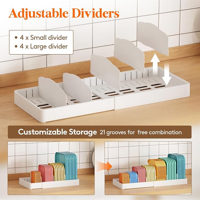 Lifewit Kitchen Cabinet Organizer for Food Contanier Lid with 9 Sections | Expandable Lid Holder with 8 Adjustable Dividers for Pantry Organizers and Storage, White, Extra Large, 13"-24"