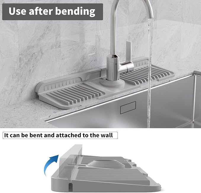 WAFT YEARN 17X5 Inch Silicone Durable Faucet Mat Kitchen Sink Splash Guard Draining Protector Tray Liner Absorbent Protective Counter Accessories For Sink Kitchen Bathroom Laundry Room Bar & RV Grey