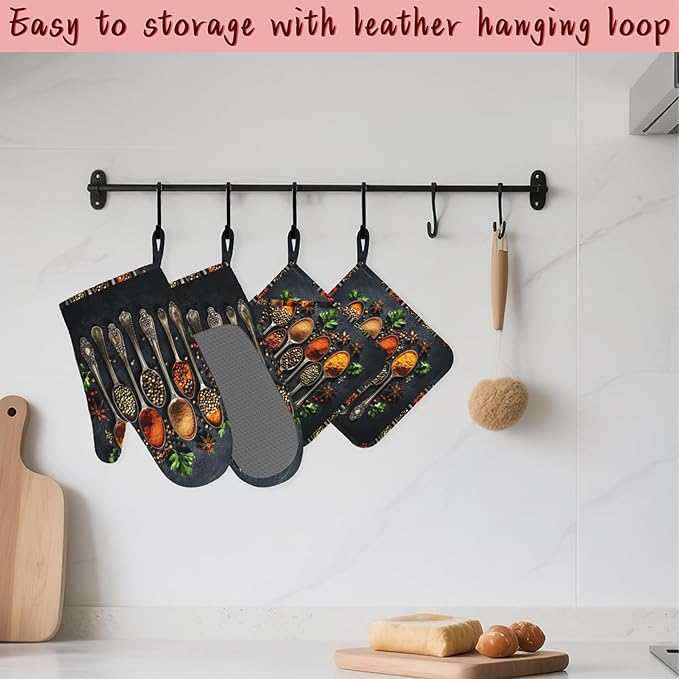 Cooking Herbs Spices Heat-Resistant Silicone Oven Mitts and Pot Holders 4 Piece Set,Extra Long Non-Slip Kitchen Oven Gloves for Cooking, Baking, BBQ,Grilling