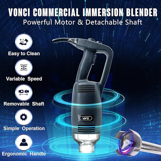 VONCI 500W Commercial Immersion Blender, 12" SUS 304 Removable Shaft, Heavy Duty Power Hand Mixer with Variable Speed 6000-20000RPM, Professional Electric Stick Blender for Restaurant Kitchen Use.