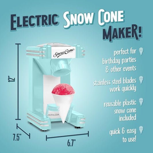Nostalgia Retro Snow Cone Machine – Single-Serve Countertop Size – Shaved Ice Maker for Snow Cones, Slushies, & Hawaiian Ice - Includes Reusable Plastic Cup – Aqua