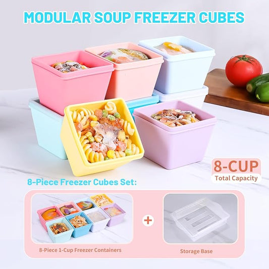 Gemice BPA-Free Silicone Freezer Molds with Base, Individual 8-Pack 1-Cup Portion Soup Cubes Freezer Tray with Lids for Food Storage, Oven & Dishwasher Safe, Silicone Freezer Containers for Meal Prep