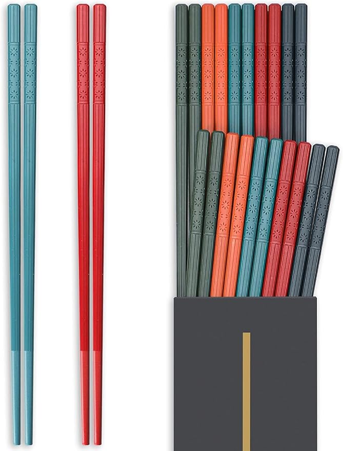 Hiware 10-Pair Reusable Fiberglass Chopsticks, Non-Slip Chop Sticks Set Japanese Style, Dishwasher Safe, Colorful, 9.5-Inch