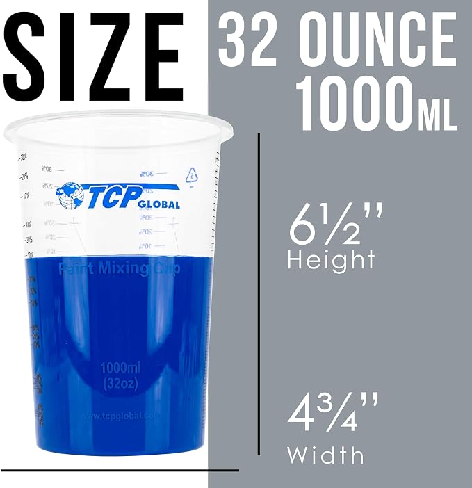 TCP Global 32 oz. (1000ml) Graduated Plastic Mixing Cups (Box of 25) - Disposable Plastic Measuring Cups for Liquids, Paints, Resin, Epoxy, Art, Kitchen - Ratios 2-1, 3-1, 4-1 ML