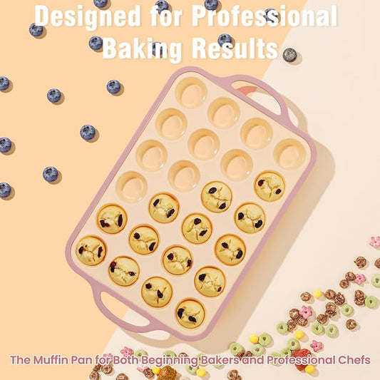 Silicone Mini Muffin Pan With Metal Reinforced Frame - 24 Cups Durable Silicone Cupcake Pan for Muffin, Cupcakes, BPA Free and Dishwasher Safe - 2 Piece Yellow