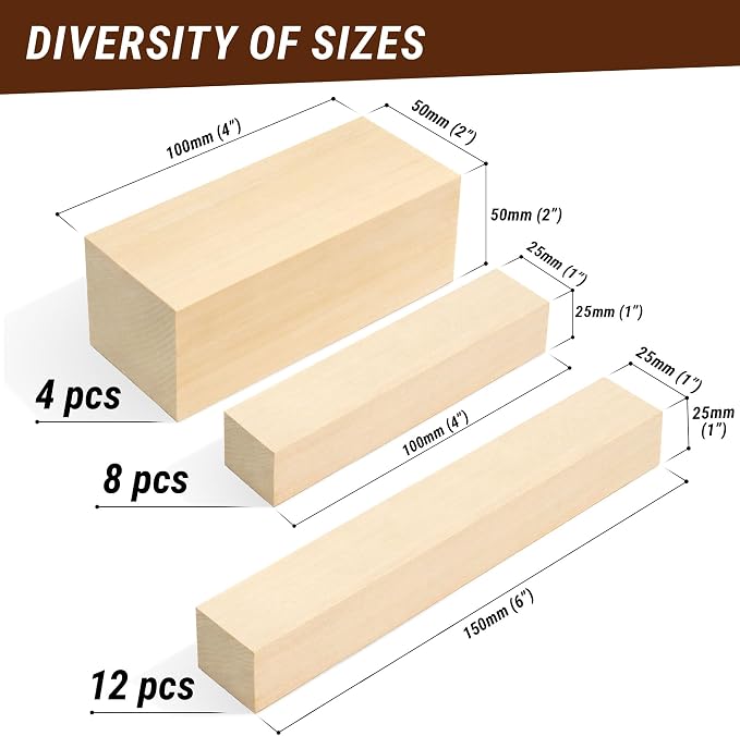 BeaverCraft Basswood Carving Blocks BW24 pcs - Large Whittling Wood Carving Blocks 6" х2 - Unfinished Wooden Block for Crafts - Soft Bass Wood Blank for Carvers