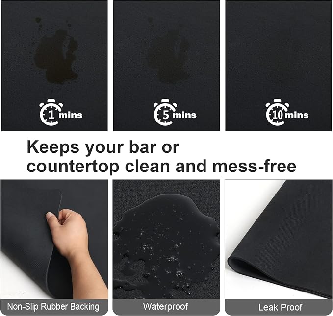ZLR Coffee Bar Mat for Keurig & Nespresso, 12"x16" Small, Black | Absorbent Dish Drying Mat, Stain-Hiding PU Leather Top, Non-Slip Rubber Back, Heat-Resistant, Fits Frother & Pour-Over