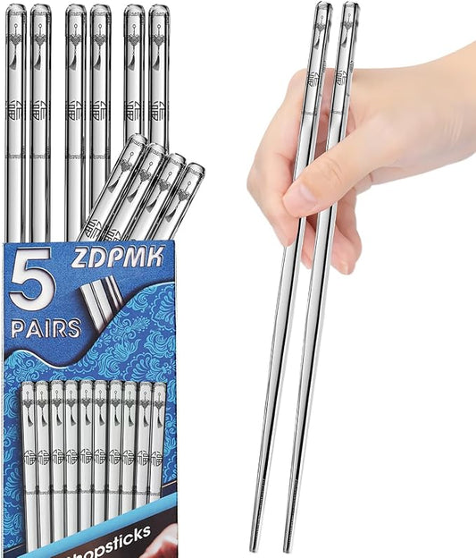 Stainless Steel Chopsticks - 5 Pairs Reusable Metal Chopsticks Dishwasher Safe, Japanese Chinese korean Chop sticks Set,Non-Slip Stainless Chop sticks, Silver Metal Chop sticks for Adults