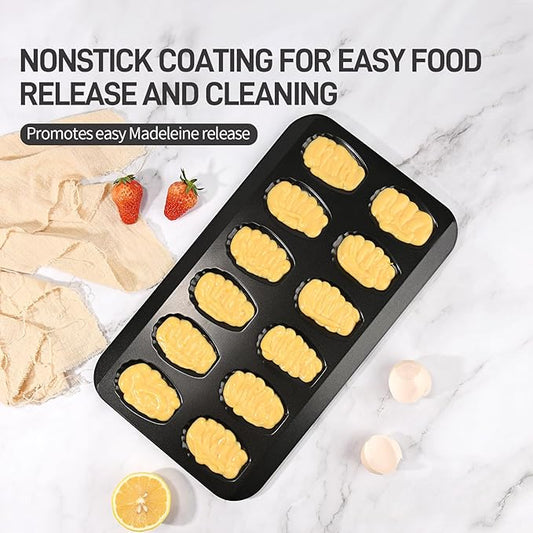 2 Pack Madeleine Pans for Baking, 12 Cavity Heavy Duty Shell Shape Baking Mold Nonstick Cookie Cake Pan for Oven（BLACK）